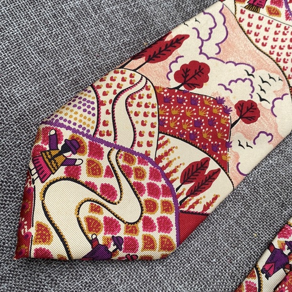 Vintage Ted Lapidus Andes Mountain Peru Chullo Landscape Silk Tie Wine Plum - Picture 7 of 13